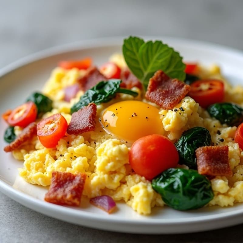 Scrambled Eggs with Sautéed Peppers, Onions, and Spinach with Turkey Bacon