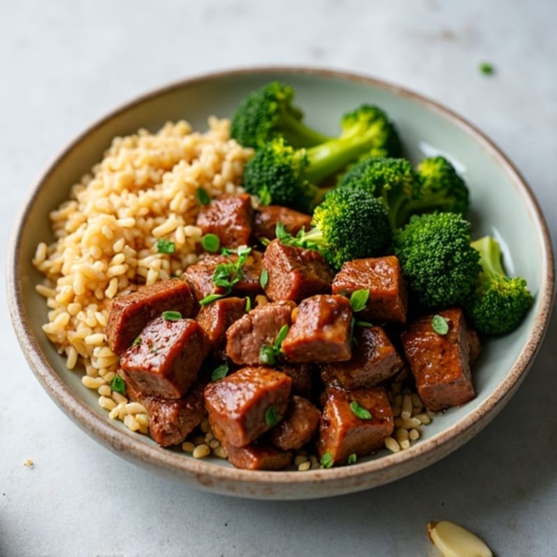 Savory Garlic-Ginger Beef with Roasted Broccoli and Brown Rice