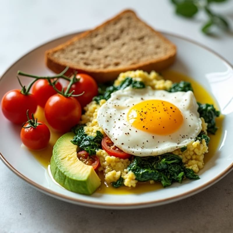 Egg White Spinach Scramble with Cottage Cheese and Cherry Tomatoes