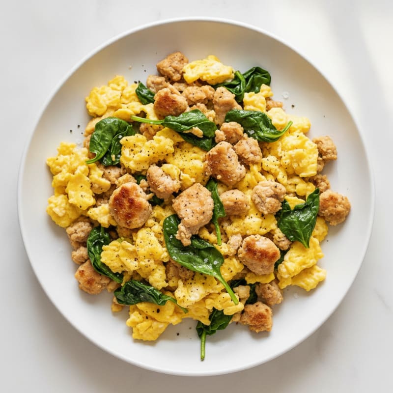 Scrambled Eggs with Lean Ground Chicken and Spinach
