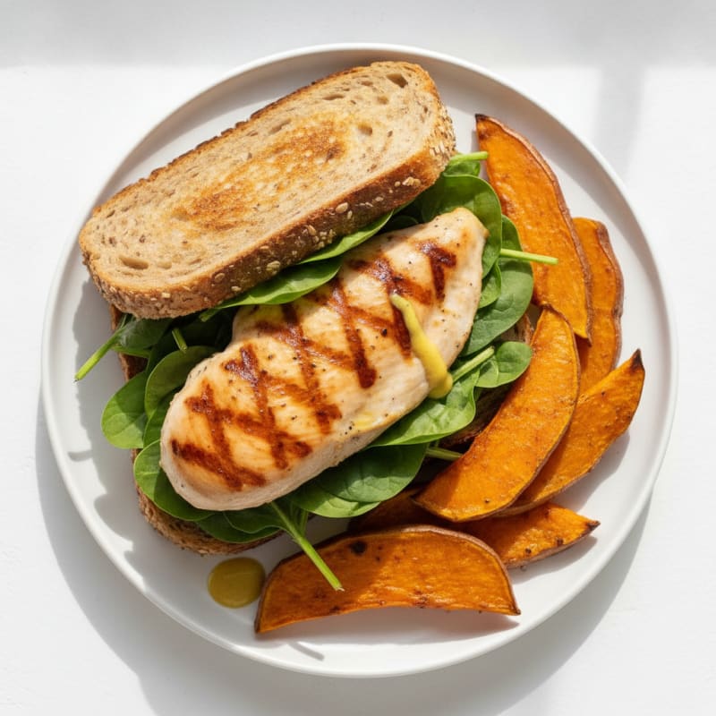 Grilled Chicken Breast Sandwich with Spinach and Sweet Potato Slices