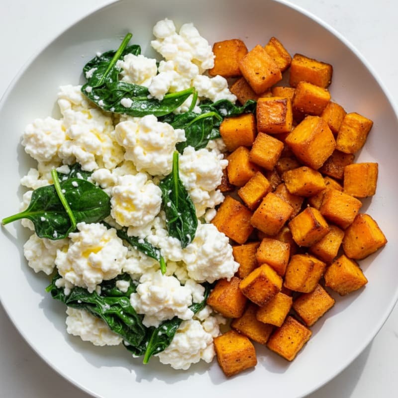 Cottage Cheese and Egg White Scramble with Spinach and Roasted Sweet Potatoes