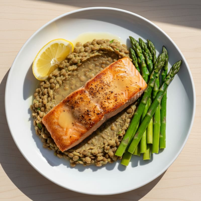 Seared Salmon Fillet with Steamed Asparagus and Lentil Mash