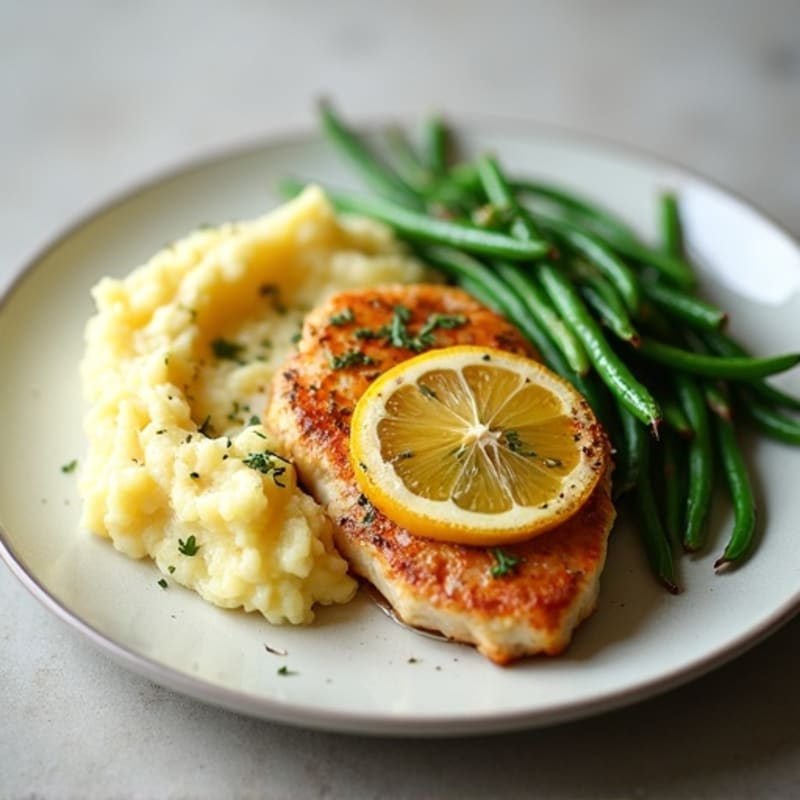 Pan-Seared Lemon Herb Chicken with Creamy Buttery Garlic Mashed Potatoes and Crispy Roasted Green Beans