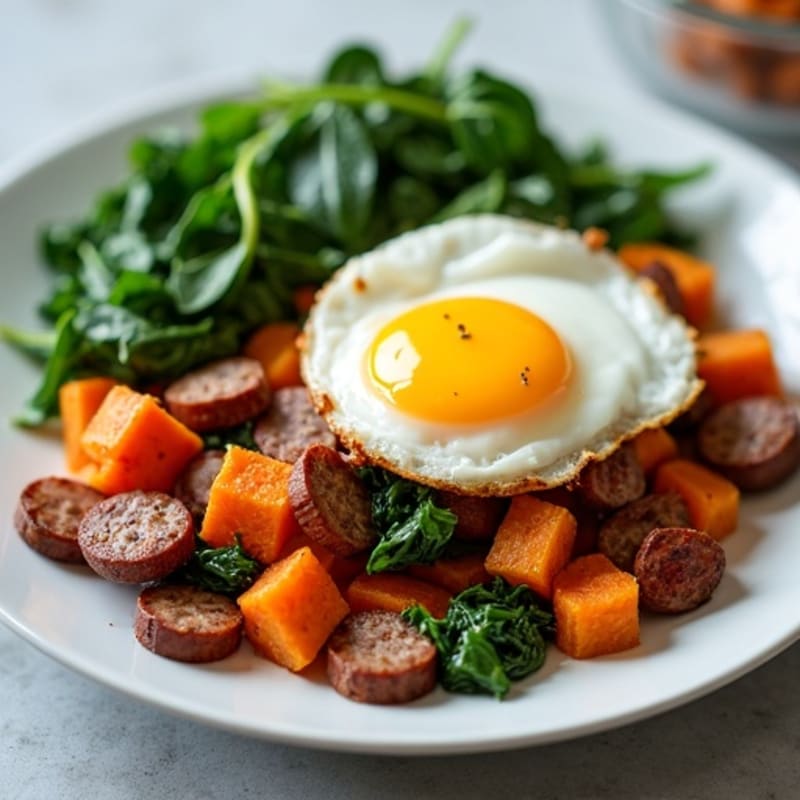 Crispy Sweet Potato Hash with Sautéed Greens and a Sunny-Side Up Egg
