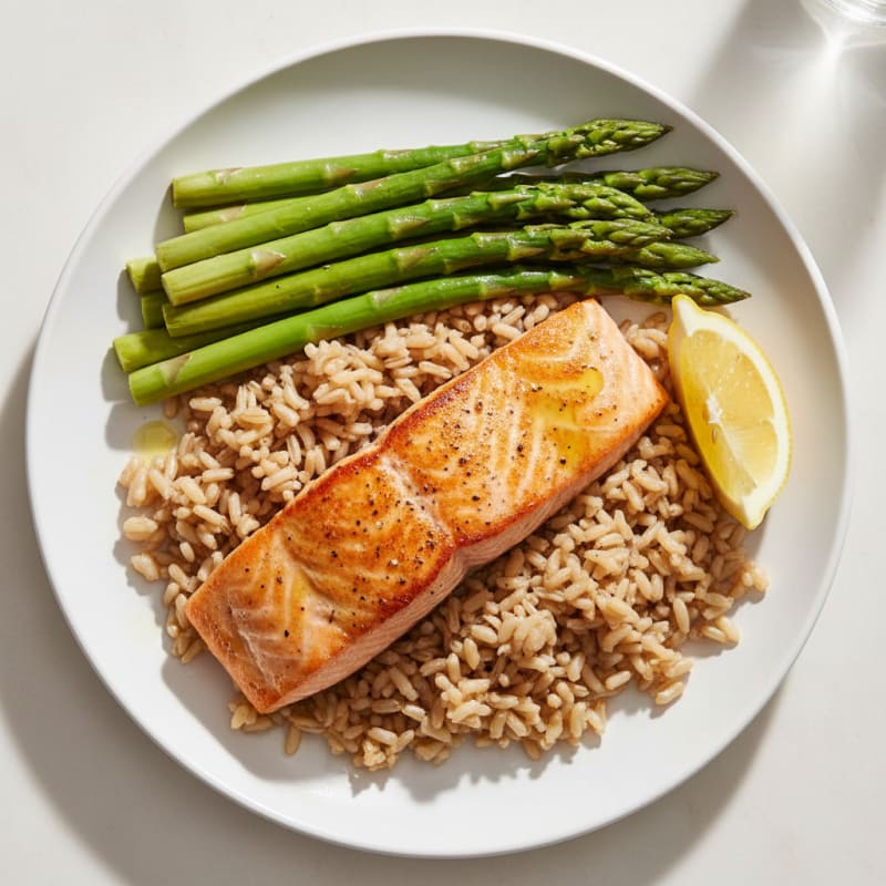 Seared Salmon Fillet with Steamed Asparagus and Brown Rice