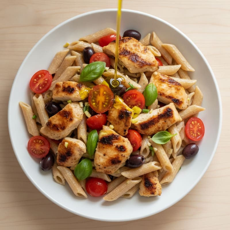 Grilled Chicken Pasta Salad with Cherry Tomatoes and Olive Oil
