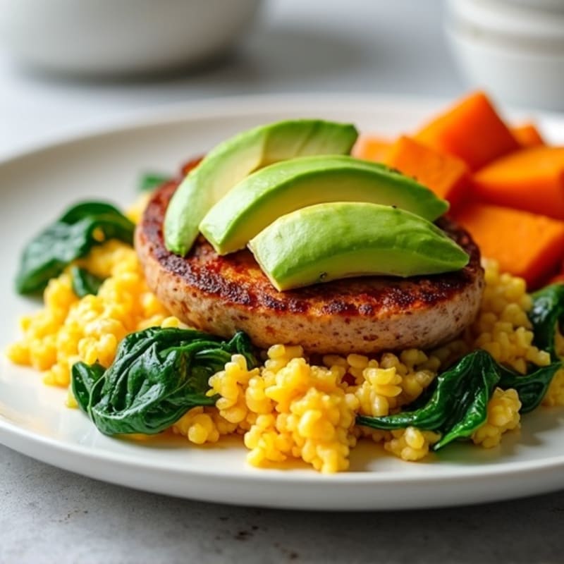 Egg White and Turkey Sausage Scramble with Spinach, Sweet Potato & Avocado