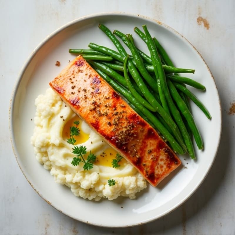 Seared Salmon with Garlic Green Beans and Cauliflower Mash