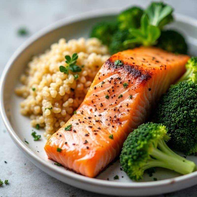 Seared Salmon Fillet with Steamed Broccoli and Quinoa