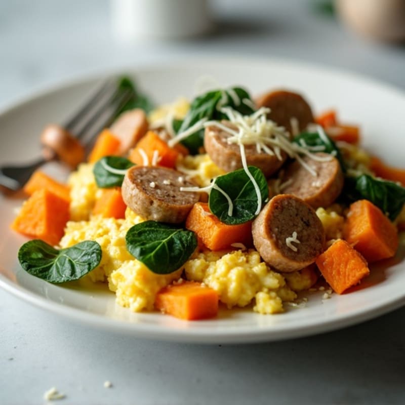 Egg White and Turkey Sausage Scramble with Spinach and Sweet Potato