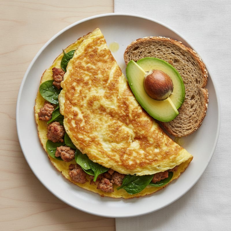 Crispy Egg White Omelet with Turkey Sausage and Spinach
