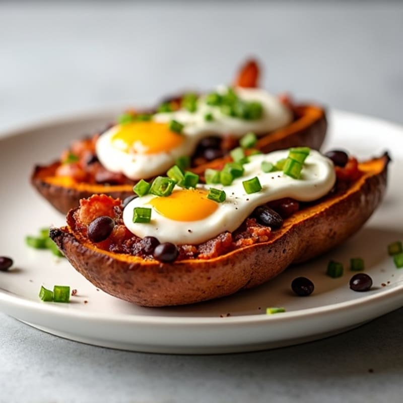 Crispy Loaded Sweet Potato Boats with Turkey Bacon