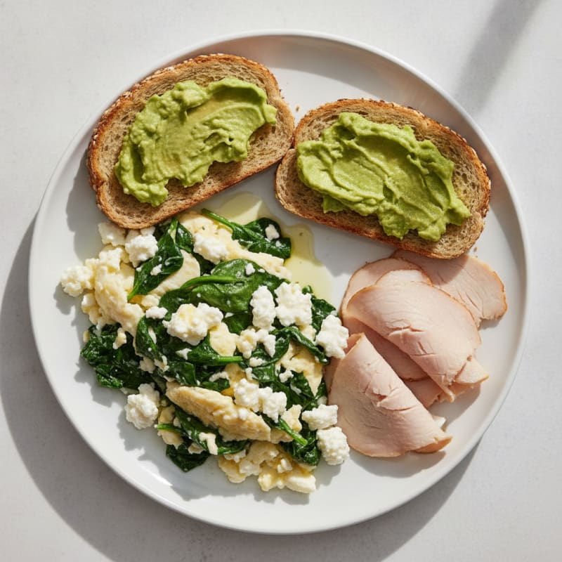 Egg White Spinach Scramble with Cottage Cheese and Sliced Turkey