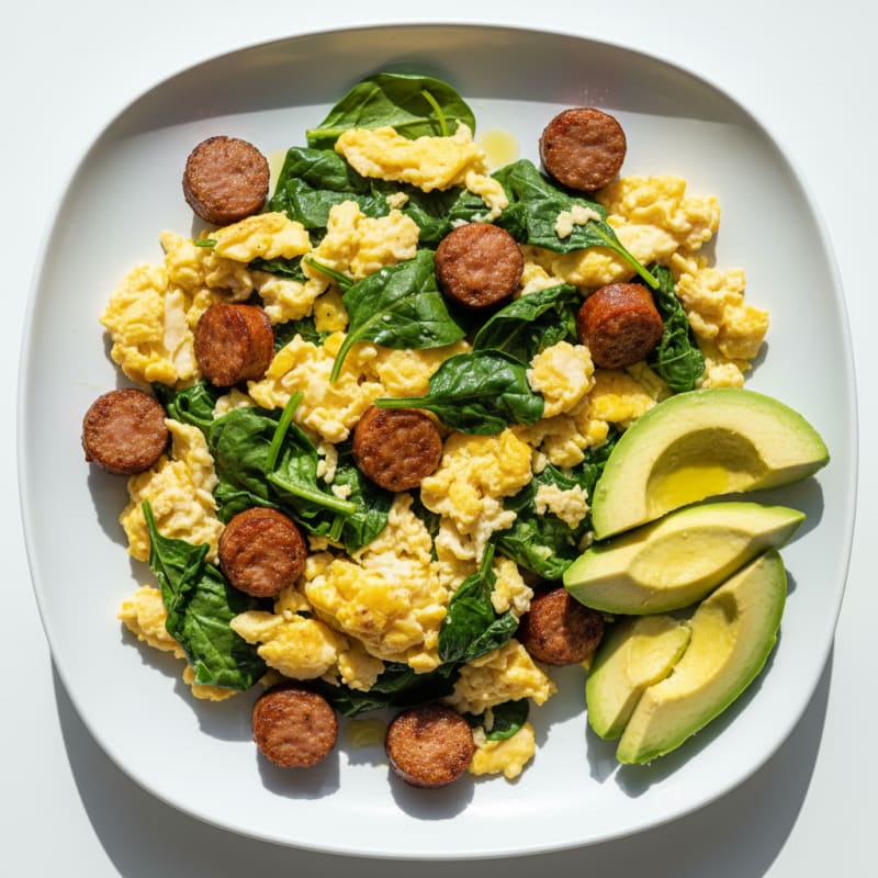 Scrambled Eggs with Turkey Sausage and Sautéed Spinach