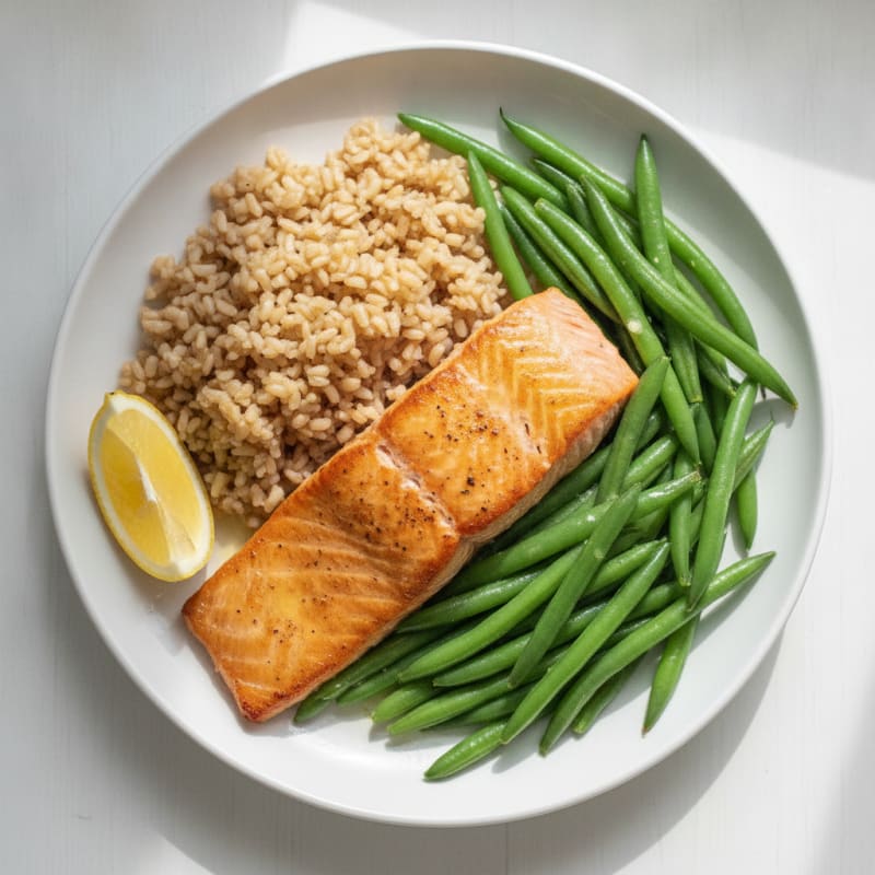 Seared Salmon with Steamed Green Beans and Brown Rice