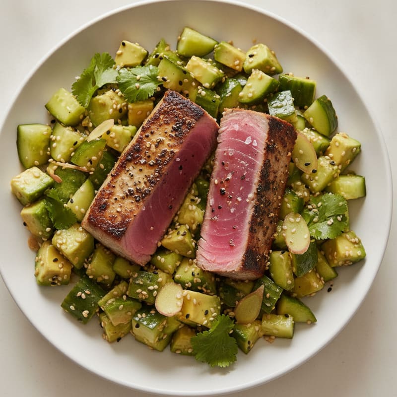 Seared Tuna with Cucumber Avocado Salad