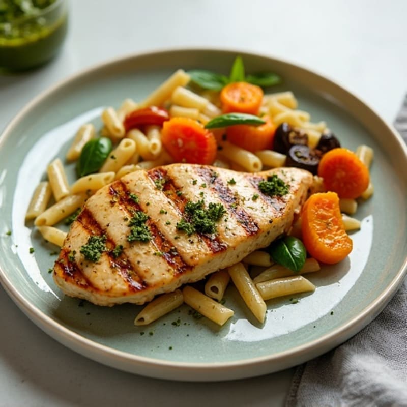 Chicken with Fresh Pesto Pasta and Roasted Vegetables