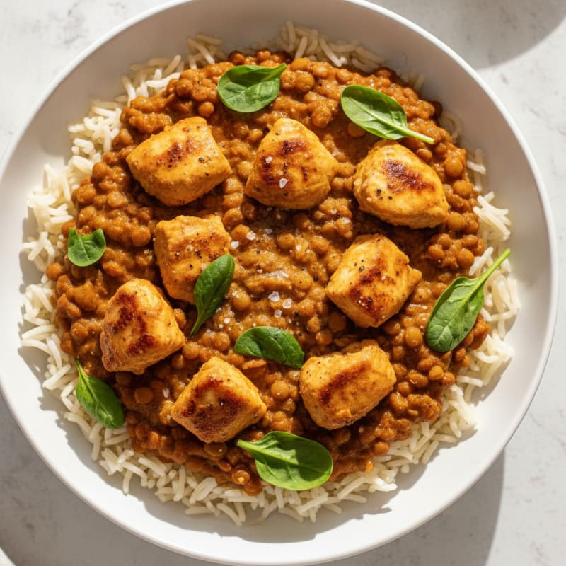 Butter Chicken Lentil Rice Bowl