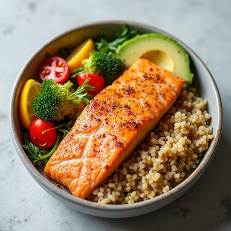 Crispy Pan-Seared Salmon Brown Rice Bowl with Creamy Avocado and Fresh Vegetables