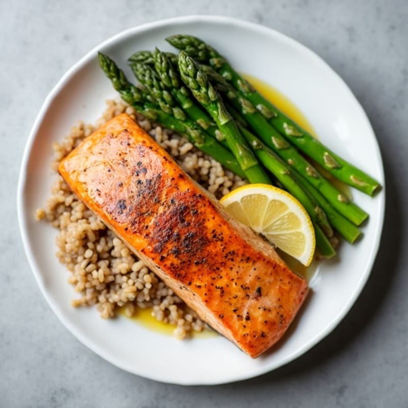 Seared Salmon with Steamed Asparagus and Brown Rice