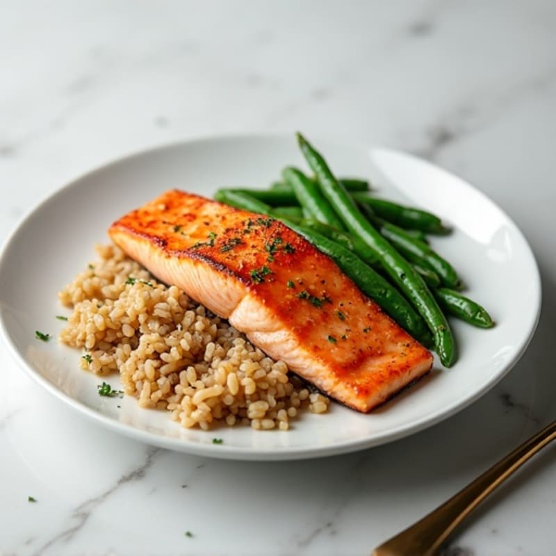 Seared Salmon Fillet with Steamed Green Beans and Brown Rice