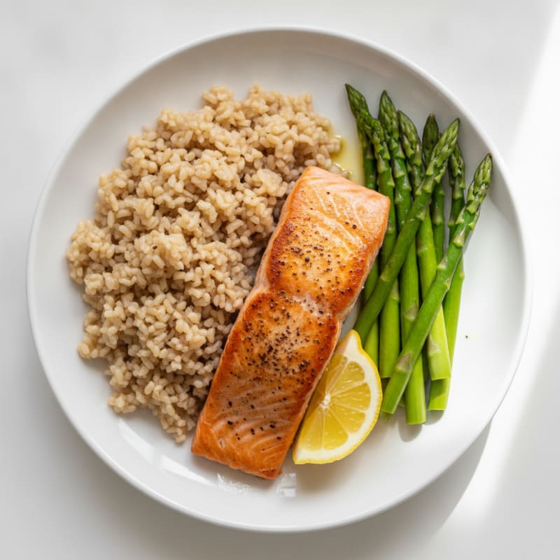 Seared Salmon with Steamed Asparagus and Brown Rice