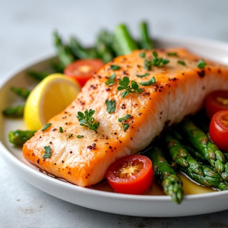 Flaky Baked Salmon with Roasted Asparagus and Cherry Tomatoes