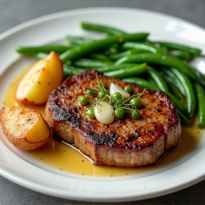 Garlic Butter Pan-Seared Steak with Crispy Roasted Potatoes and Tender Green Beans