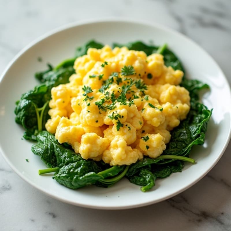 Fluffy Scrambled Eggs with Fresh Herbs and Sautéed Greens