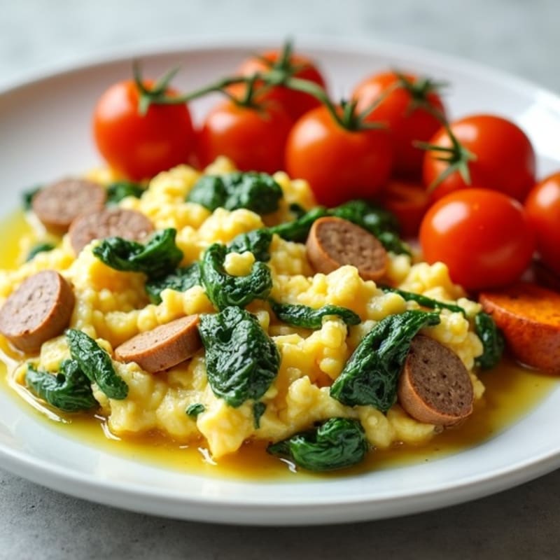 Egg White Spinach Scramble with Turkey Sausage and Roasted Sweet Potatoes
