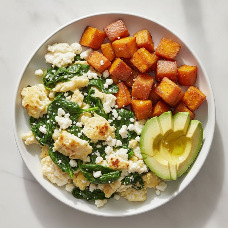 Egg White and Spinach Scramble with Feta and Roasted Sweet Potatoes