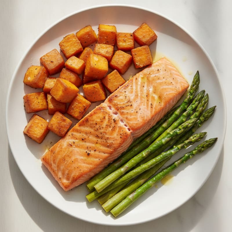 Seared Salmon Fillet with Roasted Sweet Potato and Asparagus