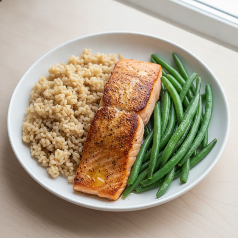 Seared Salmon with Steamed Green Beans and Brown Rice