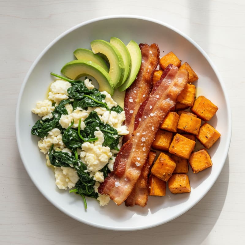 Crispy Turkey Bacon and Egg White Scramble with Sautéed Spinach