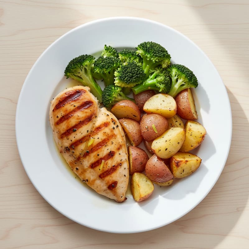 Grilled Chicken Breast with Roasted Potatoes and Steamed Broccoli