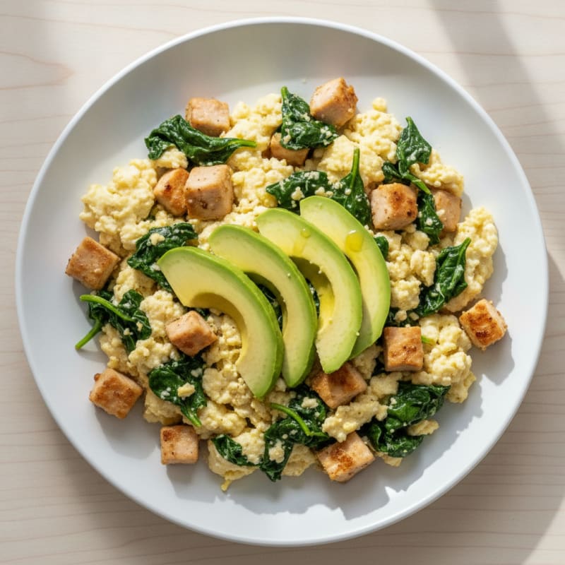 Egg White Scramble with Turkey Breast and Sautéed Spinach