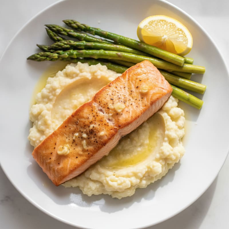 Seared Salmon with Steamed Asparagus and Cauliflower Mash