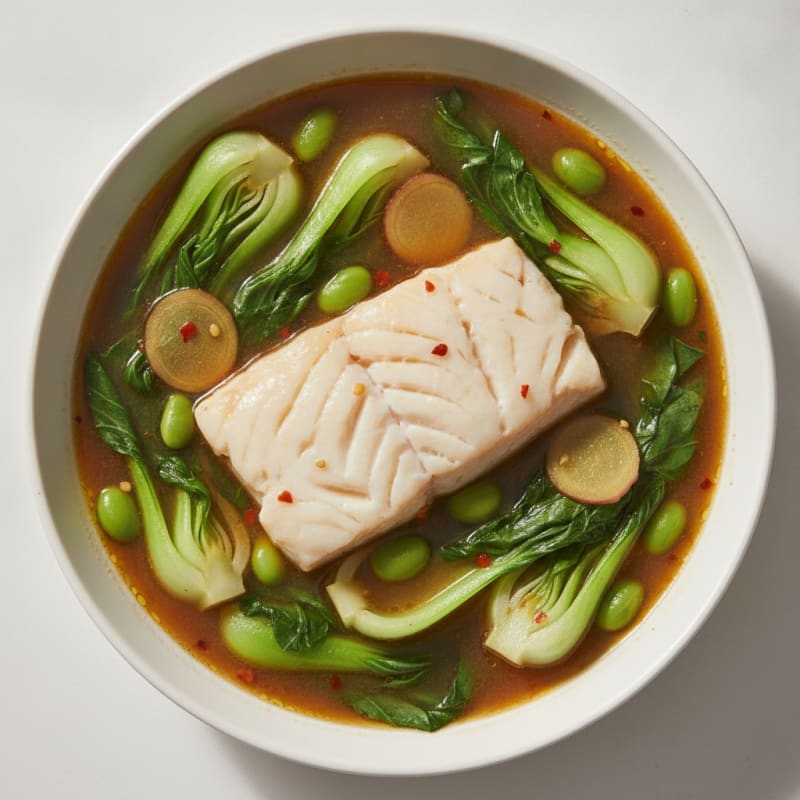Spicy Asian Poached Halibut with Bok Choy