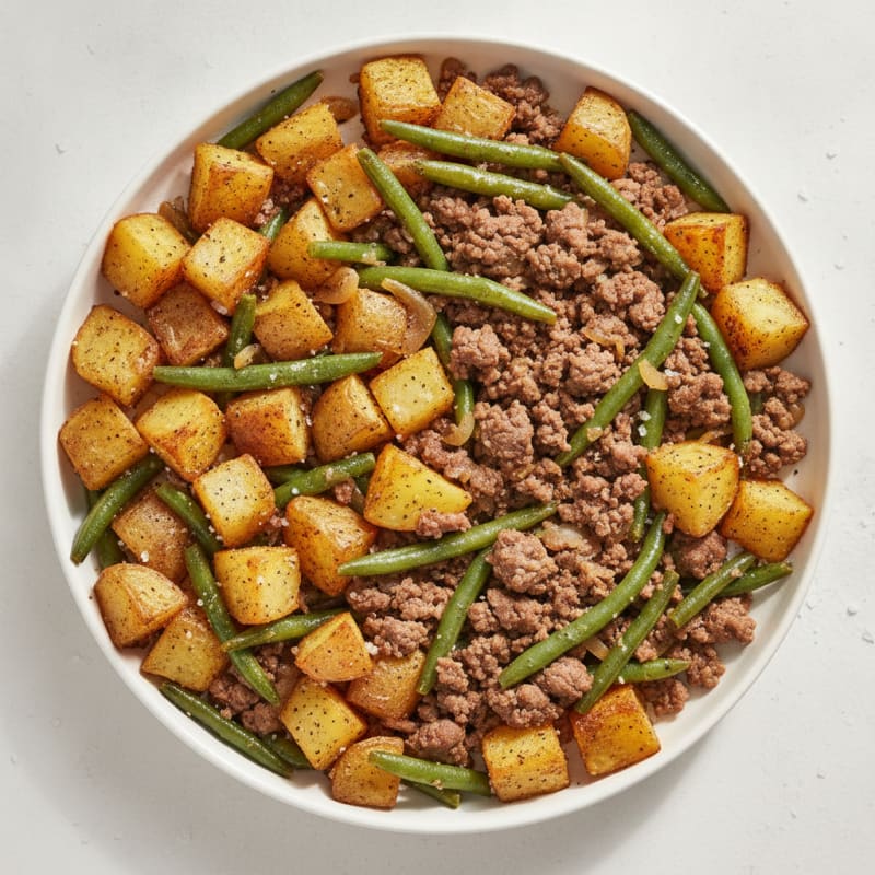 Ground Beef Skillet with Roasted Potatoes and Green Beans