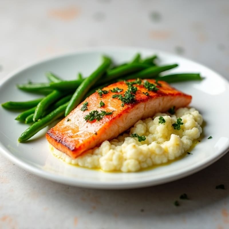 Seared Salmon with Steamed Green Beans and Garlic Mashed Cauliflower