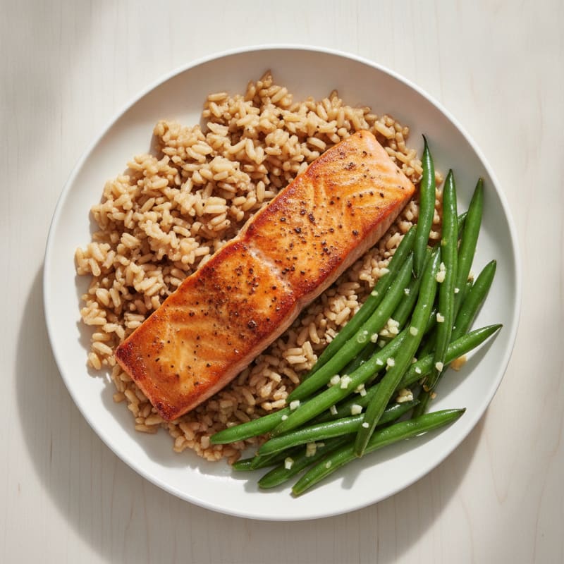 Seared Salmon with Garlic Green Beans and Brown Rice