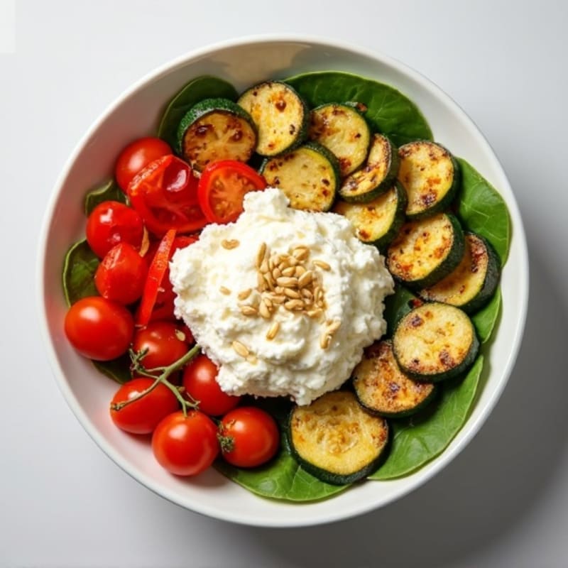 Creamy Cottage Cheese Protein Bowl with Roasted Vegetables and Toasted Seeds