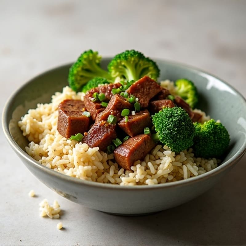 Garlic Ginger Beef and Steamed Broccoli Rice Bowl