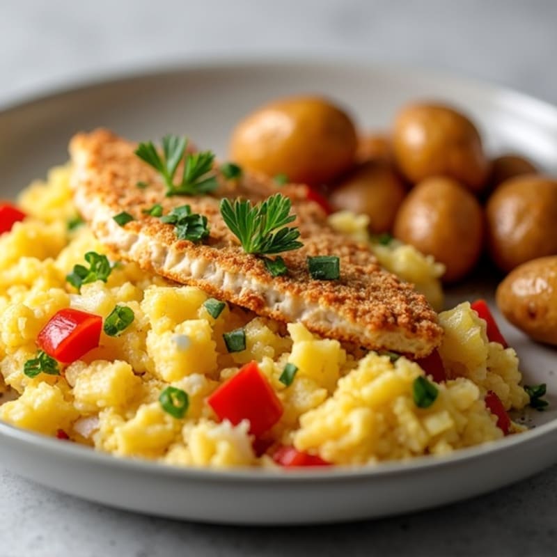 Crispy Chicken and Veggie Egg White Scramble with Roasted Potatoes