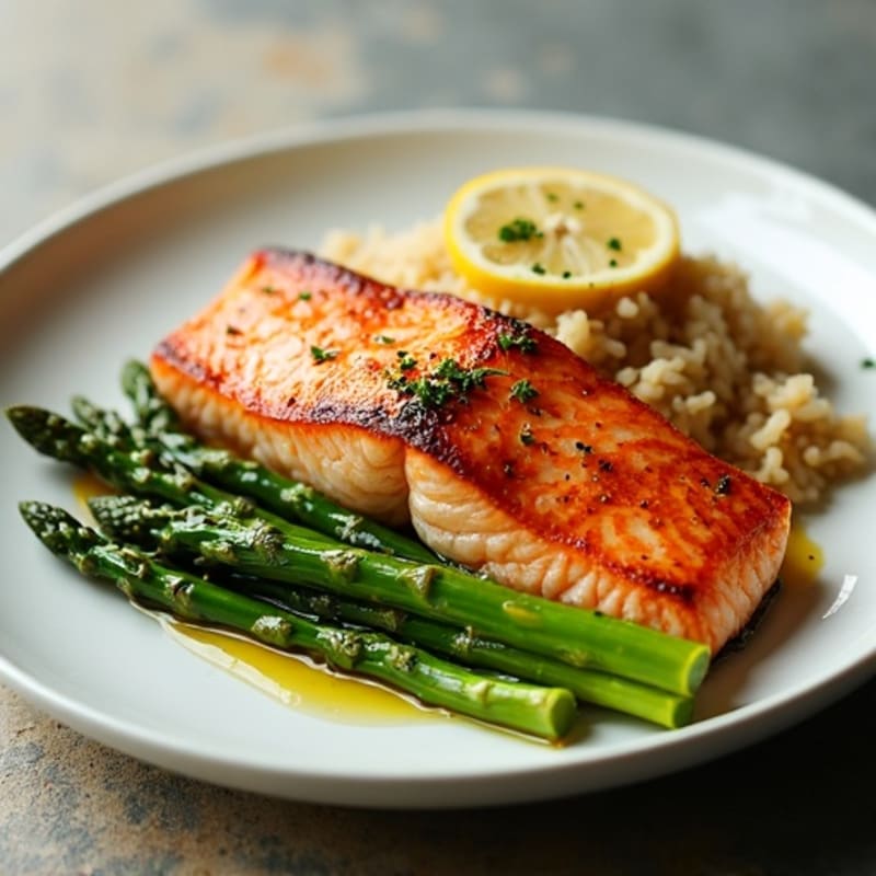 Seared Salmon with Steamed Asparagus and Brown Rice