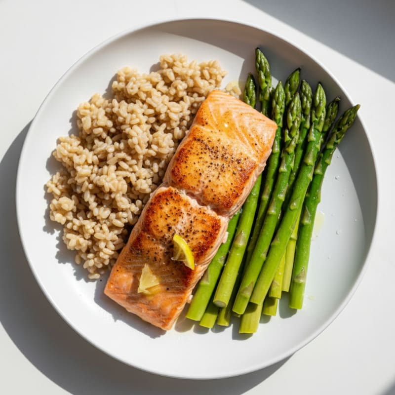 Seared Salmon with Steamed Asparagus and Brown Rice
