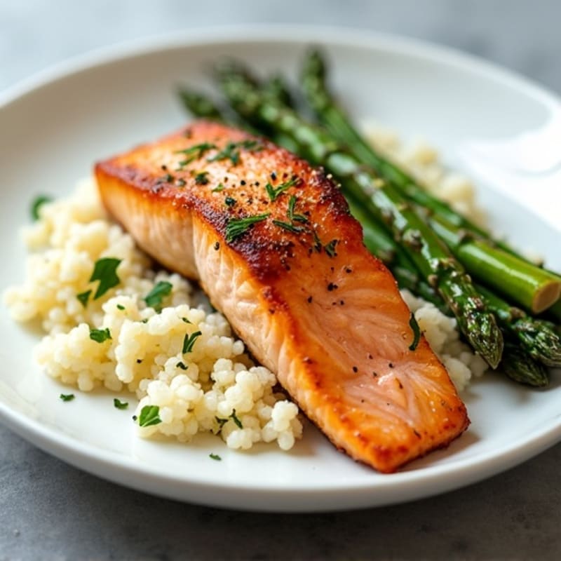 Seared Salmon with Roasted Asparagus and Cauliflower Rice
