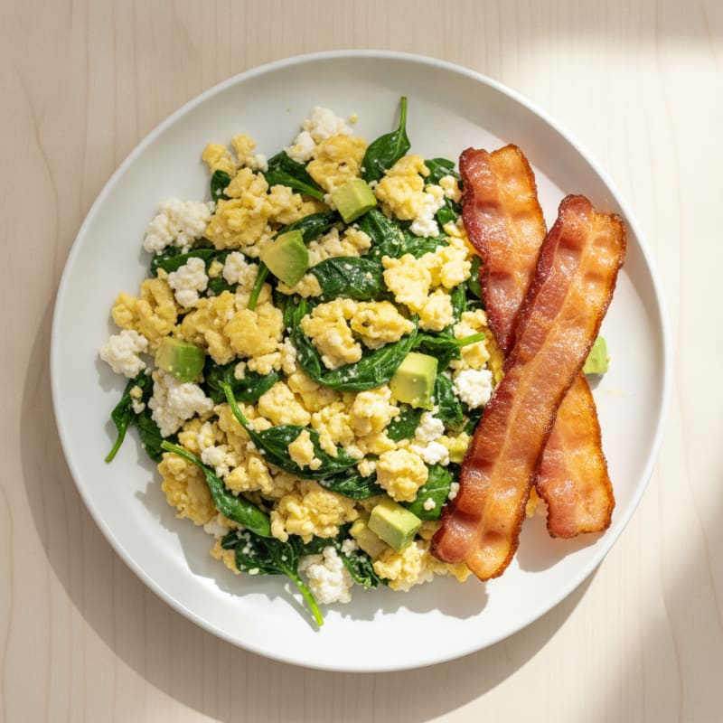 Cottage Cheese Scramble with Spinach and Turkey Bacon