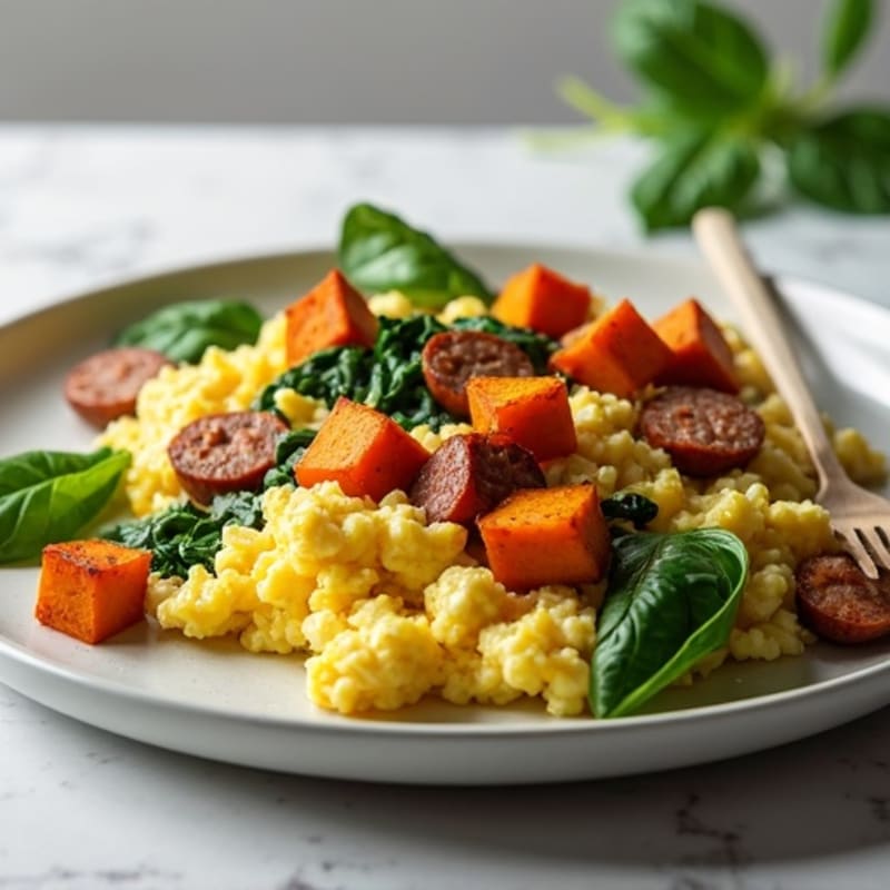 Egg White and Turkey Sausage Scramble with Spinach and Roasted Sweet Potato